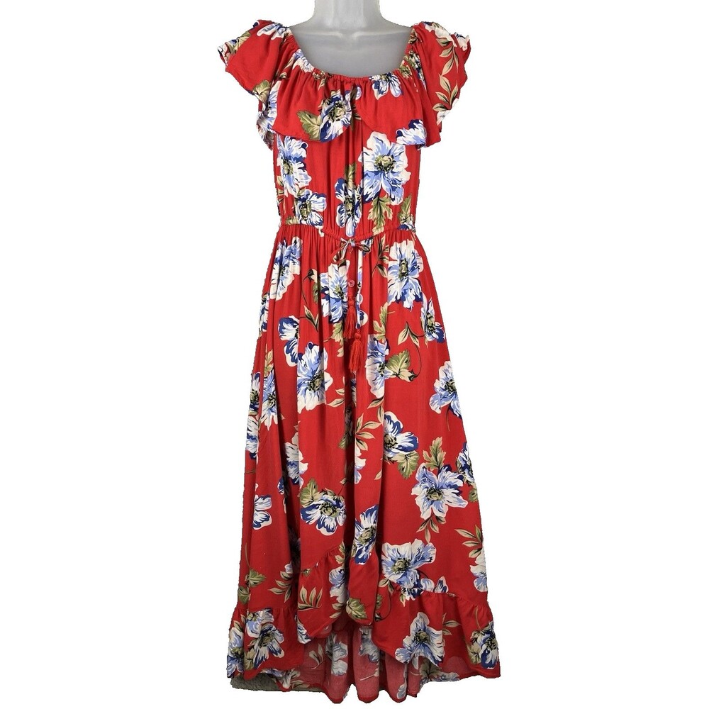Band of Gypsies Red Floral Dress M Boho Gypsy Peasant Button Skirt Ruffled Hem